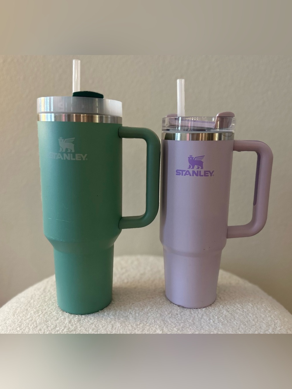 (2) Stanley Quencher H2.0 FlowState Tumblers - green (40oz) purple (30oz)